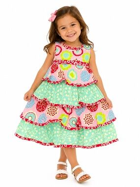 Jelly the Pug Girls Tiered Floral Party Dress in Mint, Pink & Red